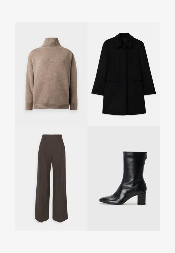 Juodas vilnonis paltas su priekiniais mygtukais, plačiomis apykaklėmis ir dviem šoniniais kišenėmis. Turi tiesų kirpimą ir sklandžią tekstūrą.; Rudas megztas aukštu kaklu megztinis su ilgomis rankovėmis ir briaunuotomis rankogaliais bei apačia, pateiktas ant balto fono.; Tamsiai rudos platėjančios kelnės su aukštu liemeniu, pasižyminčios tvarkingai prispaustomis raukšlėmis, lygia tekstūra ir pritaikytu siluetu.; Juodų odinių kulkšninių botų su smailiu nosiu ir 4 cm pločio bloku. Išskirtinis dizainas pasižymi šoniniu užtrauktuku, leidžiančiu lengvai apsiauti. Lygi tekstūra.