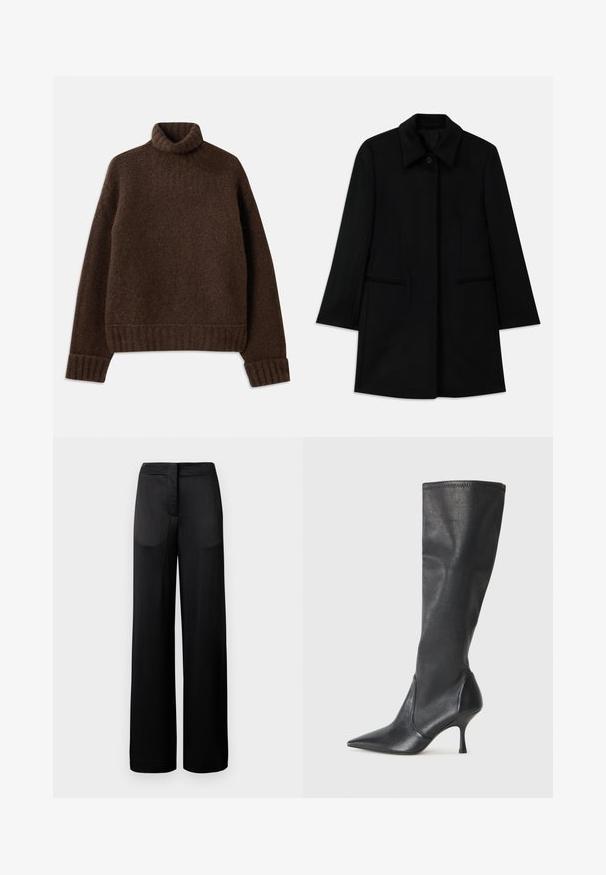 Sort uldfrakke med knaplukning fortil, bred krave og to sidelommer. Har en lige pasform og glat tekstur.; Brun turtleneck sweater med et struktureret strikmønster. Har ribbede manchetter og kant, samt en let løs pasform. Blødt, hyggeligt materiale.; Bredbenede sorte bukser med en tekstureret overflade, der har en flad talje og to sidelommer. Stoffet ser let og strømmende ud.; Knæhøje sorte læderstøvler med spidse tæer og slanke stiletto-hele. Glat tekstur med en tætsiddende design og syninger ved toppen.