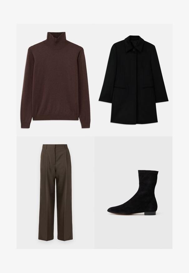 Mustat villakate, millel on esiküljel nööbid, lai krae ja kaks küljetaskut. Omab sirget lõiget ja sileda tekstuuri.; Pruun turtleneck-svetar, mis on valmistatud pehmest kangast, omab istuvat disaini ja soonikkoes kaelust. Pikad varrukad ja sile tekstuur ilma mustriteta.; Pruunid laiad püksid sujuva tekstuuriga, kõrge vöökohaga, eesmine voltide ja kohandatud disainiga. Pole nähtavaid taskuid ega kaunistusi.; Musthave mustan nahast pahkluu saabas, millel on kitsas vars, terav nina ja madal plokk-konts. Pehme tekstuur ja minimalistlik disain, sobib mitmekesiseks stiliseerimiseks.