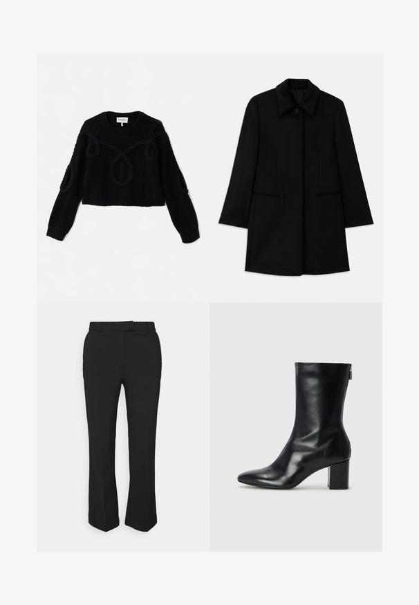 Fekete gyapjú kabát elülső gombos záródással, széles gallérral és két oldalsó zsebbel. Egyenes szabású és sima textúrájú.; Fekete kötött pulóver, cropped kivitelben, texturált anyaggal és fonott díszítéssel az elején és az ujjakon.; Fekete, szabott nadrág egyenes szárú kialakítással, övhurkokkal és oldalsó zsebekkel. Simább anyagból készült, tiszta kivitelben.; Fekete bőr bokacipő hegyes orral és 4 cm-es blokkfallal. Simán díszített designja oldalra nyíló cipzárral rendelkezik, ami megkönnyíti a felvételt. Simább textúrával.