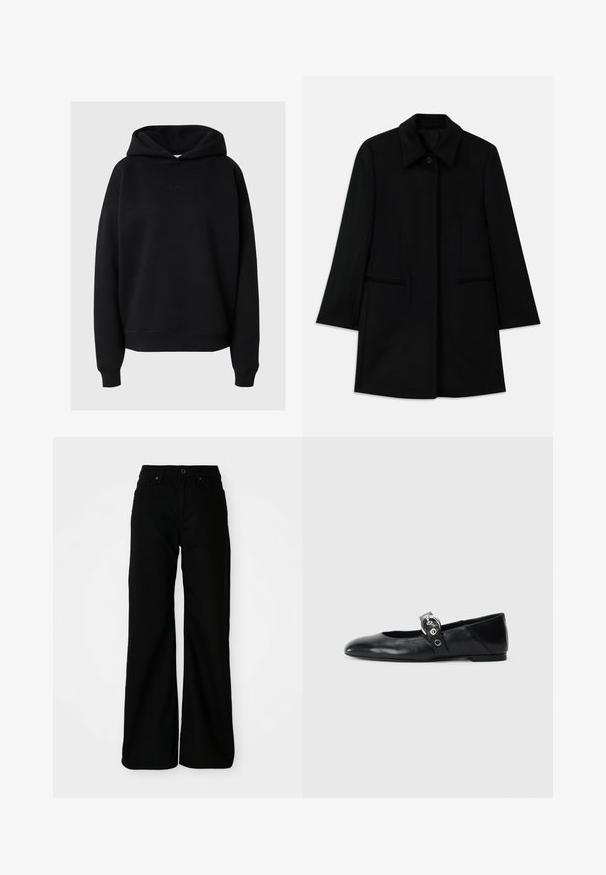Schwarzer Wollmantel mit einer Frontknopfverschluss, breitem Kragen und zwei Seitentaschen. Verfügt über einen geraden Schnitt und eine glatte Textur.; Schwarzer Kapuzenpullover aus weichem Material, mit lockerer Passform, gerippten Bündchen und einem dezenten Logo-Detail auf der Vorderseite.; Schwarze weit geschnittene Hose aus Denim-Stoff. Verfügt über eine eng anliegende Taille, Vordertaschen und einen Knopfverschluss. Glatte Textur mit minimaler Ausstattung.; Schwarze Ballettflat mit spitzer Spitze, ausgestattet mit einem Riemen und einer runden, metallischen Schnalle sowie einer flachen Sohle.