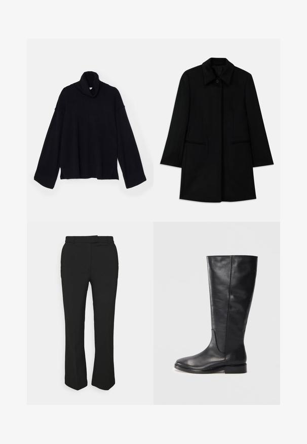 Cappotto di lana nera con chiusura anteriore a bottoni, ampio colletto e due tasche laterali. Caratterizzato da una vestibilità dritta e una texture liscia.; DESIGNERS REMIX COSMO TURTLE - Maglione - black; Pantaloni neri su misura con design a gamba dritta, dotati di passanti per cintura e tasche laterali. Realizzati in tessuto liscio con una finitura pulita.; Stivale in pelle nera altezza ginocchio con tacco basso e punta arrotondata, che mostra dettagli di cucitura lungo il gambale e la tomaia.