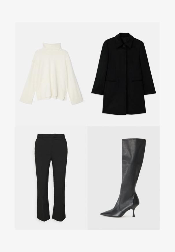 Juodas vilnonis paltas su priekiniais mygtukais, plačiomis apykaklėmis ir dviem šoniniais kišenėmis. Turi tiesų kirpimą ir sklandžią tekstūrą.; Šviesiai kreminė golfo medvilnės sveteris, laisvas kirpimas, raštuota tekstūra, nusileidę pečiai ir plačios rankovės, pagaminta iš minkštos mezgininės medžiagos.; Juodos pritaikytos kelnės su tiesiomis kojomis, su diržo kilpos ir šoninėmis kišenėmis. Pagamintos iš lygios medžiagos su švariu apdailu.; Juodų odinių batų iki kelių su smailiu pirštu ir plonu stiletto kulnu. Lygus paviršius, pritaikytas dizainas ir siuvimas viršutiniame krašte.