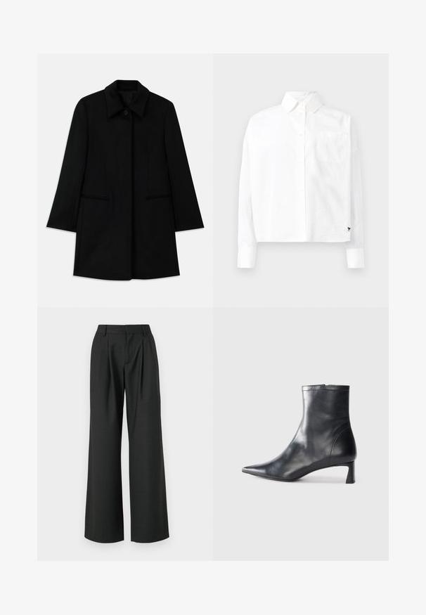 Černý vlněný kabát s předním zapínáním na knoflíky, širokým límcem a dvěma bočními kapsami. Disponuje rovnými liniemi a hladkým povrchem.; Bílá košile s dlouhým rukávem a knoflíkovým zapínáním, s špičatým límcem, jednou náprsní kapsou a manžetami. Vyrobena z hladké, lehké látky.; Won Hundred CAMILLE TROUSERS - Kalhoty - licorice; Černé kožené kotníkové boty s špičatou špičkou a elegantním designem. Mají nízký podpatek a zipové zapínání na zadní straně. Hladká textura.