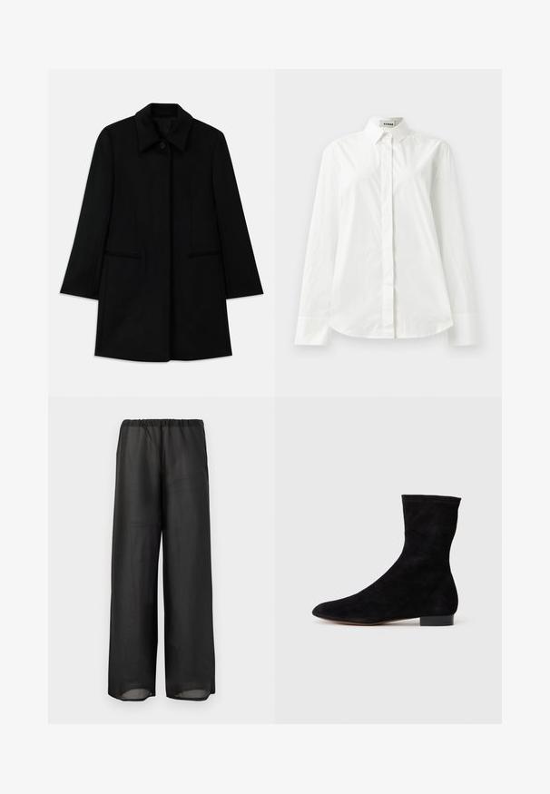 Juodas vilnonis paltas su priekiniais mygtukais, plačiomis apykaklėmis ir dviem šoniniais kišenėmis. Turi tiesų kirpimą ir sklandžią tekstūrą.; Balta medvilninė ilgomis rankovėmis marškinių su smailiu apykakle, sagutėmis priekyje ir apvaliu sijonu. Lygus audinys, įprasta fasono, be raštų.; Juodos plačios kojinės kelnės iš lengvos, pusiau permatomos medžiagos su elastinga juosmens juosta. Dizainas pasižymi sraigia ir atsipalaidavusia silueto forma.; Juoda zomšo kulkšnė su prigludusia ašimi, smailiu pirštu ir žemu bloku. Lygus paviršius ir minimalistiškas dizainas, tinkantis įvairiems stiliams.