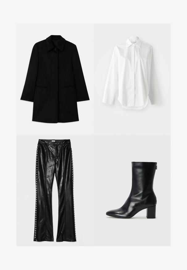 Czarny wełniany płaszcz z zapięciem na guziki z przodu, szerokim kołnierzem i dwoma bocznymi kieszeniami. Posiada prosty krój i gładką teksturę.; Biała koszula z długim rękawem, klasycznym kołnierzykiem, zapinana na guziki z lekko zaokrąglonym dołem. Gładki materiał o świeżym wyglądzie.; Cinq à Sept SHAILENE czarny; Czarne skórzane botki za kostkę z wydłużonym noskiem i 4-centymetrowym słupkowym obcasem. Smukły design z bocznym zamkiem ułatwiającym zakładanie. Gładka tekstura.
