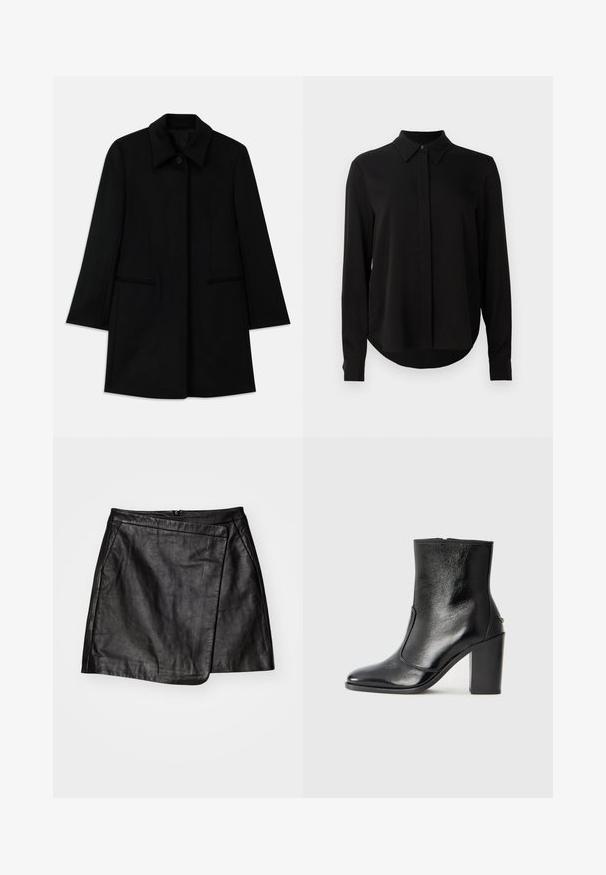 Svart ullkappa med framknäppning, bred krage och två sidfickor. Har en rak skärning och en slät textur.; Svart långärmad blus med spetsig krage, dold knappslå och rundad nederkant mot en enfärgad vit bakgrund.; Svart läder mini kjol med en asymmetrisk omslagsdesign, som har en mjuk yta och en bakre dragkedjeslutning.; Svart läderankelboot med en slät yta, spetsig tå och en kraftig hög klack. Har en sidöppning och ett minimalistiskt design.