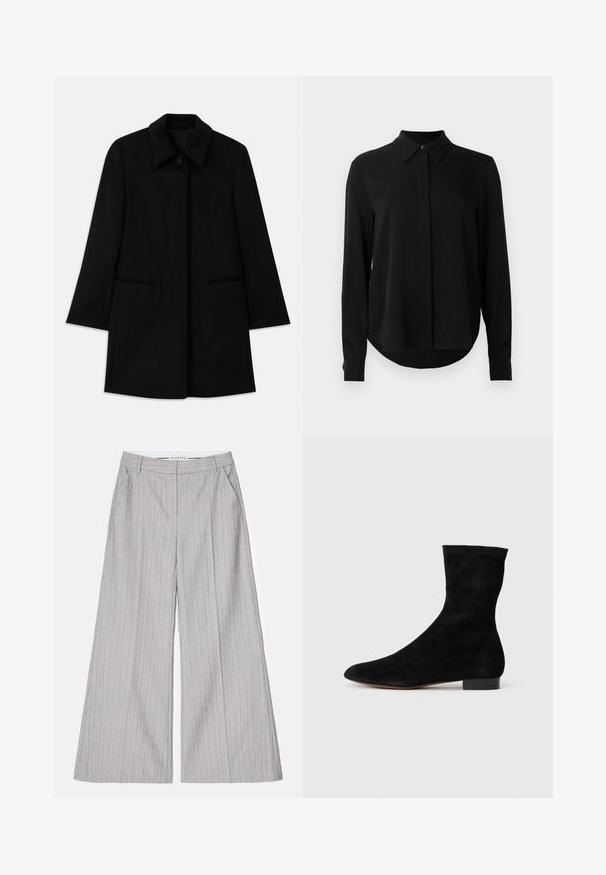 Melna vilnas mētelis ar priekšējo pogu aizdari, platu apkakli un divām sānu kabatām. Izceļas ar taisnu griezumu un gludu tekstūru.; Melna garo piedurkņu blūze ar norādītu apkakli, slēptu pogu aizdari un izliekta apakšmala uz vienkārša balta fona.; Pelēkas platākas bikses ar vertikālām strīpām, ar gludu tekstūru un smalku mirdzumu. Iekļauj priekšējās kabatas un jostu.; Melnas zamšādas potīšu zābaki ar piegulošu kāju daļu, smailu purngalu un zemu bloku papēdi. Gluda tekstūra un minimālistisks dizains, piemērots dažādai stilizācijai.