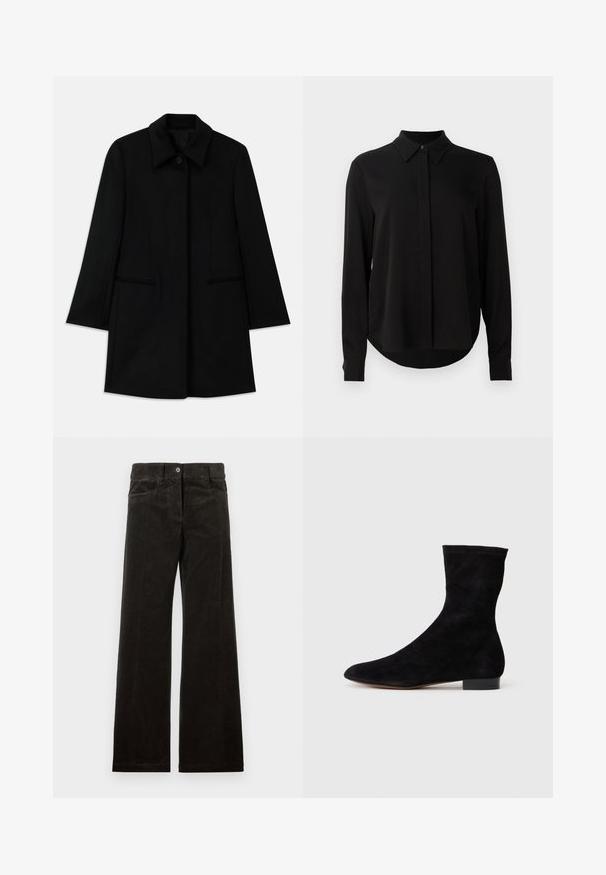 Musta villakangastakki, jossa on etupainike kiinnitys, leveä kaulus ja kaksi sivutaskua. Ominaisuudet suora leikkaus ja sileä tekstuuri.; Mustat pitkähihaiset puserot, joissa on terävä kaulus, piilotettu nappilista ja kaareva helma yksinkertaista valkoista taustaa vasten.; Mustat corduroy-laahushousut, joissa on etutaskut, napitus ja pystyribattu pinta. Sileä kangas, jossa on hienovarainen kiilto.; Mustang-mustaviinan nilkkuri, jossa on tiukka varsi, terävä kärki ja matala lohkoiltu korko. Sileä pinta ja minimalistinen muotoilu, sopii monenlaiseen tyyliin.