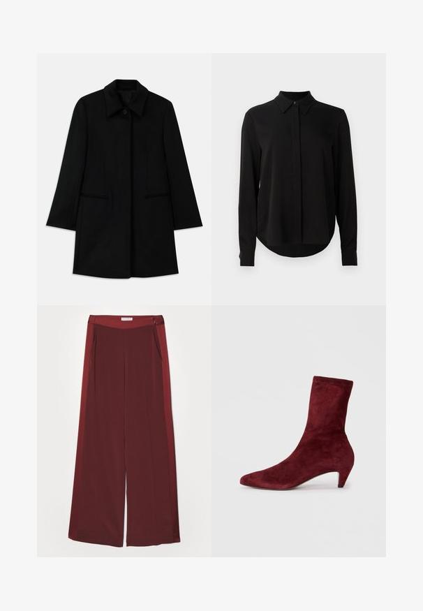 Svart ullkappa med framknäppning, bred krage och två sidfickor. Har en rak skärning och en slät textur.; Svart långärmad blus med spetsig krage, dold knappslå och rundad nederkant mot en enfärgad vit bakgrund.; Burgundy vida byxor med bred ben, med en mjuk och slät textur, som har en platt midjeband och sidofickor. Minimalistisk design utan synlig hårdvara.; Burgundy mockasins med spetsig tå och låg klack. Släthetsstruktur och figurnära design utan synlig hårdvara eller mönster.