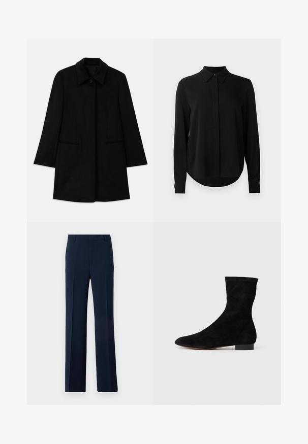 Black wool coat with a front button closure, wide collar, and two side pockets. Features a straight cut and smooth texture.; Black long-sleeve blouse with pointed collar, concealed button placket, and curved hem against a plain white background.; Navy blue trousers made of smooth fabric, featuring a straight leg design with front pleats and side pockets for a tailored look.; Black suede ankle boot with a fitted shaft, pointed toe, and a low block heel. Smooth texture and minimalistic design, suitable for versatile styling.