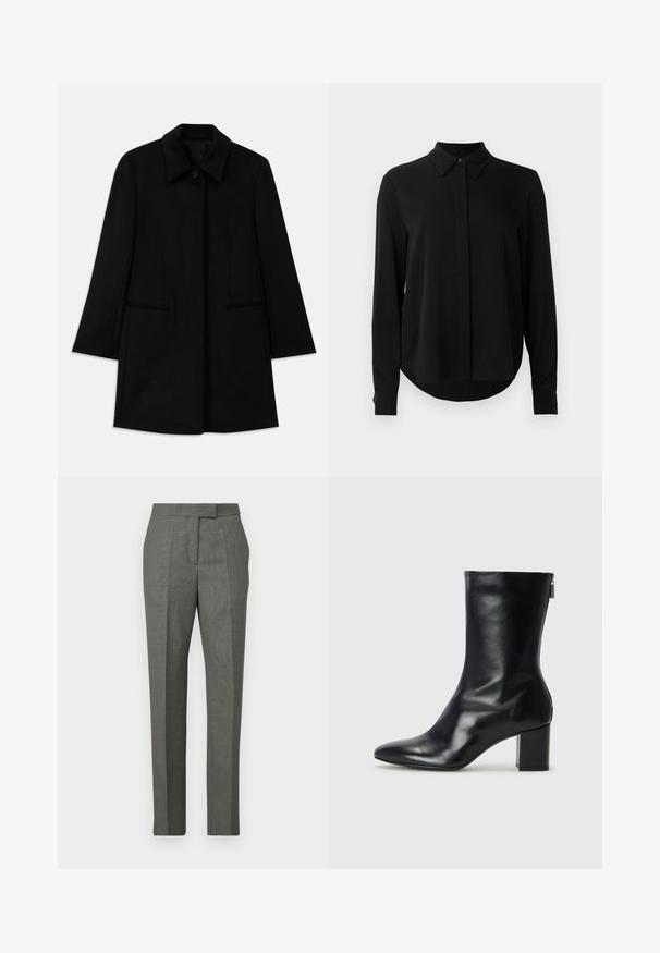 Černý vlněný kabát s předním zapínáním na knoflíky, širokým límcem a dvěma bočními kapsami. Disponuje rovnými liniemi a hladkým povrchem.; Černá halenka s dlouhým rukávem a špičatým límcem, skrytým zapínáním na knoflíky a zakřiveným lemem na jednobarevném bílém pozadí.; Šedé vzorované kalhoty se střihovým designem rovného nohavice, vyrobené z tkané látky, s plochým předním dílem a poutky na pásek v pase.; Černé kožené kotníkové boty s špičatou špičkou a blokovým podpatkem o výšce 4 cm. Elegantní design obsahuje boční zip pro snadné obouvání. Hladká textura.