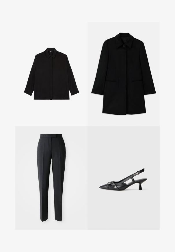 Cappotto di lana nera con chiusura anteriore a bottoni, ampio colletto e due tasche laterali. Caratterizzato da una vestibilità dritta e una texture liscia.; Camicia nera con bottoni, colletto, maniche lunghe e vestibilità comoda. Realizzata in un tessuto liscio e morbido senza motivi visibili.; Pantaloni neri su misura a gamba dritta con vita alta e pieghe frontali, esposti su uno sfondo chiaro e uniforme.; Scarpa slingback nera in pelle con punta affusolata, cinturini decorativi con occhielli metallici e tacco basso a blocco. Superficie testurizzata.