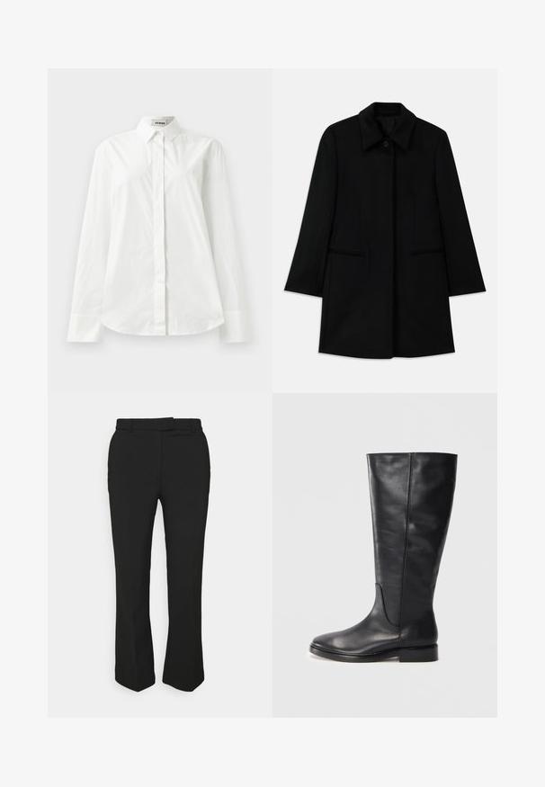 Fekete gyapjú kabát elülső gombos záródással, széles gallérral és két oldalsó zsebbel. Egyenes szabású és sima textúrájú.; Fehér pamut hosszú ujjú ing, hegyes gallérral, gombos elülső záródással és lekerekített szegéllyel. Sima textúra, normál szabás és minták nélkül.; Fekete, szabott nadrág egyenes szárú kialakítással, övhurkokkal és oldalsó zsebekkel. Simább anyagból készült, tiszta kivitelben.; Fekete, térd fölé érő bőrcsizma alacsony sarokkal és kerek orral, amelyen varrási részletek láthatók a szár és a felsőrész mentén.