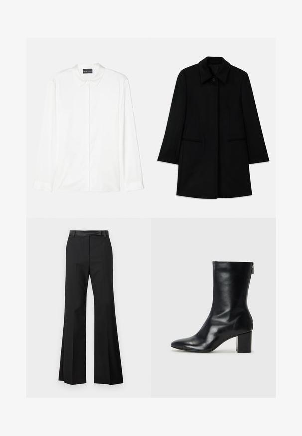Crni vuneni kaput s prednjim zatvaranjem na gumbi, širokim ovratnikom i dva bočna džepa. Ima ravni kroj i glatku текстуру.; Bjela košulja dugih rukava izrađena od glatkog materijala, s klasičnim ovratnikom, gumbima sprijeda i jednostavnim manžetama, s čistim, minimalističkim dizajnom.; Crne trapezaste hlače s glatkom tkaninom, s čvrstim pojasom i ušivenim pregibima za otmjeni izgled.; Crne kožne gležnjače s oštrim vrhom i blok petom visokom 4 cm. Elegantni dizajn s bočnim patentnim zatvaračem za jednostavno obuvanje. Glatka tekstura.