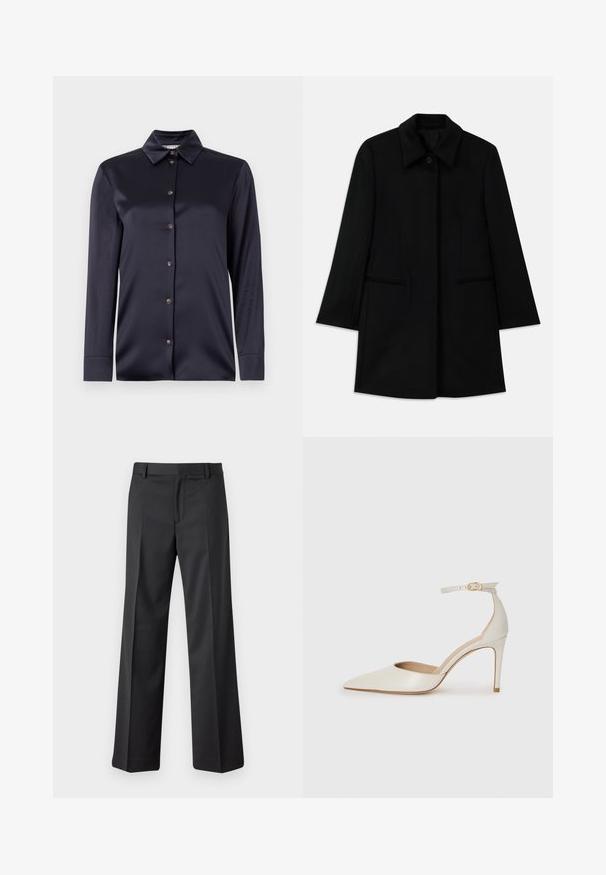 Czarny wełniany płaszcz z zapięciem na guziki z przodu, szerokim kołnierzem i dwoma bocznymi kieszeniami. Posiada prosty krój i gładką teksturę.; Granatowa satynowa koszula z długim rękawem, posiadająca klasyczny kołnierz, zapięcie na guziki z przodu oraz gładką strukturę. Charakteryzuje się delikatnym połyskiem oraz dopasowanym krojem.; Czarne, szerokie spodnie wykonane z gładkiego materiału. Posiadają talię z szlufkami na pasek oraz fałdy z przodu. Prosty krój do kostek.; Białe skórzane szpilki z ostrym noskiem, paskiem wokół kostki i cienką szpilkową obcasem. Gładka faktura z subtelnym połyskiem.