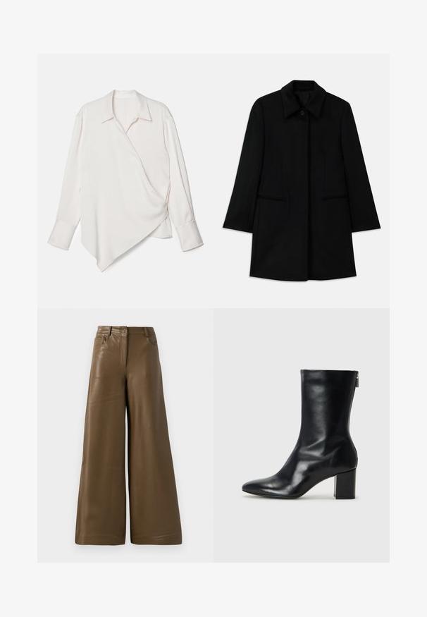 Cappotto di lana nera con chiusura anteriore a bottoni, ampio colletto e due tasche laterali. Caratterizzato da una vestibilità dritta e una texture liscia.; Camicia bianca a maniche lunghe avvolgente con fondo appuntito, realizzata in tessuto liscio, con colletto classico e maniche con polsini.; Pantaloni a gamba larga realizzati in morbida finta pelle marrone. Caratterizzati da una vita alta, quattro tasche e una zip anteriore. Texture liscia e design minimalista.; Stivale alla caviglia in pelle nera con punta affusolata e tacco a blocco di 4 cm. Design elegante con cerniera laterale per una facile calzata. Tessuto liscio.