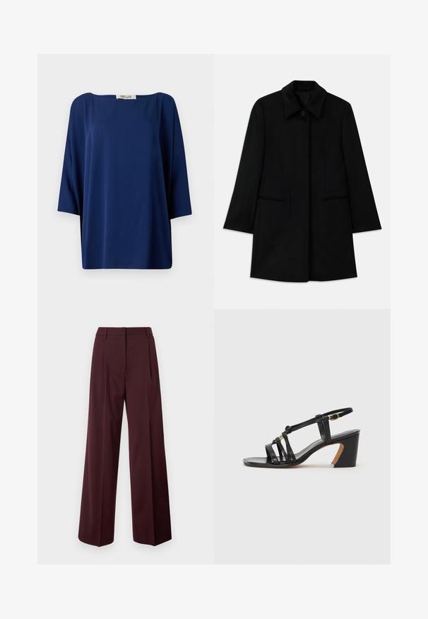 Black wool coat with a front button closure, wide collar, and two side pockets. Features a straight cut and smooth texture.; Navy blue loose-fitting top with a wide neckline and half sleeves, featuring a smooth texture and minimalist design.; Wide-leg trousers in dark burgundy with a smooth fabric texture. Features a fitted waist, front pleats, and no visible hardware.; Paul Smith AMIRA - Classic heels - black