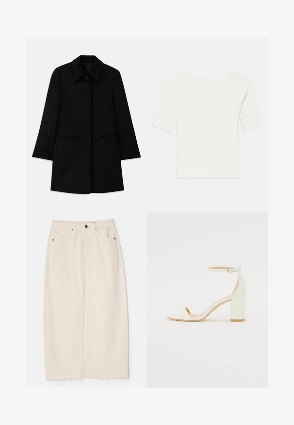Cappotto di lana nera con chiusura anteriore a bottoni, ampio colletto e due tasche laterali. Caratterizzato da una vestibilità dritta e una texture liscia.; Top bianco a righe con maniche corte e scollo ampio. La texture presenta strisce verticali, enfatizzando una vestibilità aderente e un design semplice.; rag & bone AVERY SKIRT - Gonna di jeans - ecru; Sandal con tacco cubano bianco in pelle, caratterizzata da una cinghia alla caviglia con fibbia e design minimalista. Punta aperta e texture liscia in tutto il sandalo.