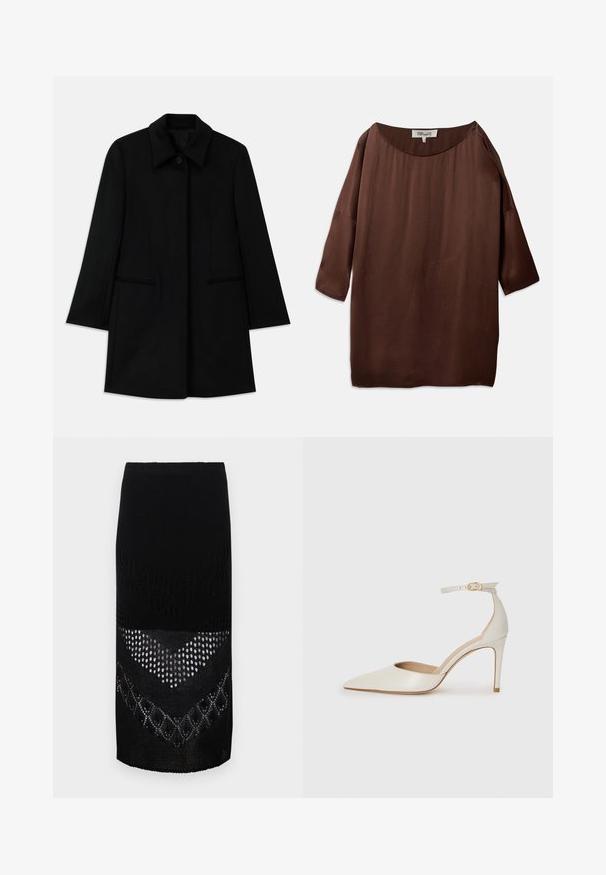 Schwarzer Wollmantel mit einer Frontknopfverschluss, breitem Kragen und zwei Seitentaschen. Verfügt über einen geraden Schnitt und eine glatte Textur.; Braune, locker sitzende Bluse mit weitem Bootsausschnitt und Dreiviertelärmeln, aus glattem, strukturiertem Stoff. Das Oberteil weist dezente Falten auf.; Schwarzer gestrickter Rock mit einem strukturierten Design, das verschiedene Muster umfasst, einschließlich offener Webarten und solider Abschnitte, der knapp oberhalb der Knie endet.; Weiße Leder-Pumps mit spitz zulaufender Zehe, Knöchelriemen und schlanker Stiletto-Absatz. Glatte Oberfläche mit dezent glänzendem Finish.