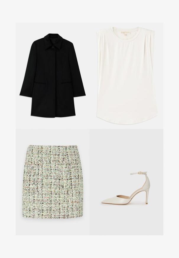 Juodas vilnonis paltas su priekiniais mygtukais, plačiomis apykaklėmis ir dviem šoniniais kišenėmis. Turi tiesų kirpimą ir sklandžią tekstūrą.; Balta be rankovių palaidinė, pagaminta iš lygios medžiagos, su apvaliu iškirpimu ir subtiliomis klostėmis ant pečių, turinti lenktą apatinį kraštą.; Šviesiai žalia trumpa tweed sijonas, su tekstūruota medžiaga ir daugiakomponentėmis spalvotomis dėmėmis, dviem priekinėmis kišenėmis ir sidabro mygtukų akcentais.; Balti odiniai aukštakulniai batai su smailiu priekiniu galu, kulkšnies dirželiu ir siauru stiletu. Lygi tekstūra su subtiliu blizgiu paviršiumi.