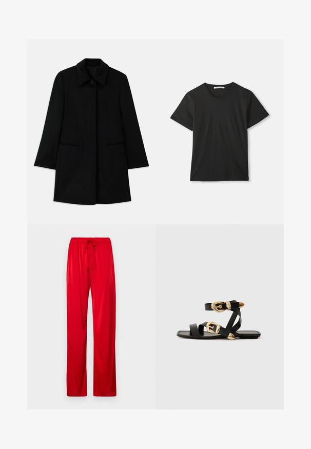 Črn volnen plašč z zapiranjem na sprednji gumb, širokim ovratnikom in dvema stranskima žepoma. Ima ravno kroj in gladko teksturo.; Črna kratka majica s kratkimi rokavi in okroglo ovratnikom iz bombaža, ležijo ravno na belem ozadju, z vidno blagovno oznako znotraj ovratnika.; Rdeče, lahke hlače na vezalko s sproščenim krojem, ki se ponašajo z gladko teksturo in ravnim krojem nog.; Črne usnjene sandale z zlatimi zaponkami, ki imajo več trakov in ravno podplati za nošenje brez prstov.