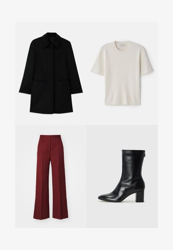 Zwarte wollen jas met een sluiting aan de voorkant met knopen, een brede kraag en twee zijzakken. Heeft een rechte snit en een gladde textuur.; Crème t-shirt met korte mouwen en een ronde halslijn, gemaakt van zacht materiaal, met een rechte snit en minimale details.; Wijde broek in donker bordeaux stof met voorplooien, een platte tailleband en geen zichtbare zakken, met een gladde textuur.; Zwarte leren enkelboot met een spitse neus en een blokhak van 4 cm. Strak ontwerp met een zijrits voor gemakkelijke aan- en uittrekken. Soepele textuur.