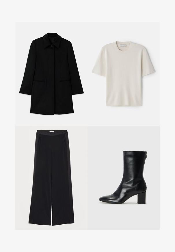 Černý vlněný kabát s předním zapínáním na knoflíky, širokým límcem a dvěma bočními kapsami. Disponuje rovnými liniemi a hladkým povrchem.; Krémové tričko s krátkým rukávem a kulatým výstřihem, vyrobené z jemného materiálu, s rovný střih a minimálními detaily.; Široké černé kalhoty vyrobené z hladkého materiálu, s plochým pasem,Výpustkami a bočními kapsami. Hladké linie s minimálními detaily.; Černé kožené kotníkové boty s špičatou špičkou a blokovým podpatkem o výšce 4 cm. Elegantní design obsahuje boční zip pro snadné obouvání. Hladká textura.