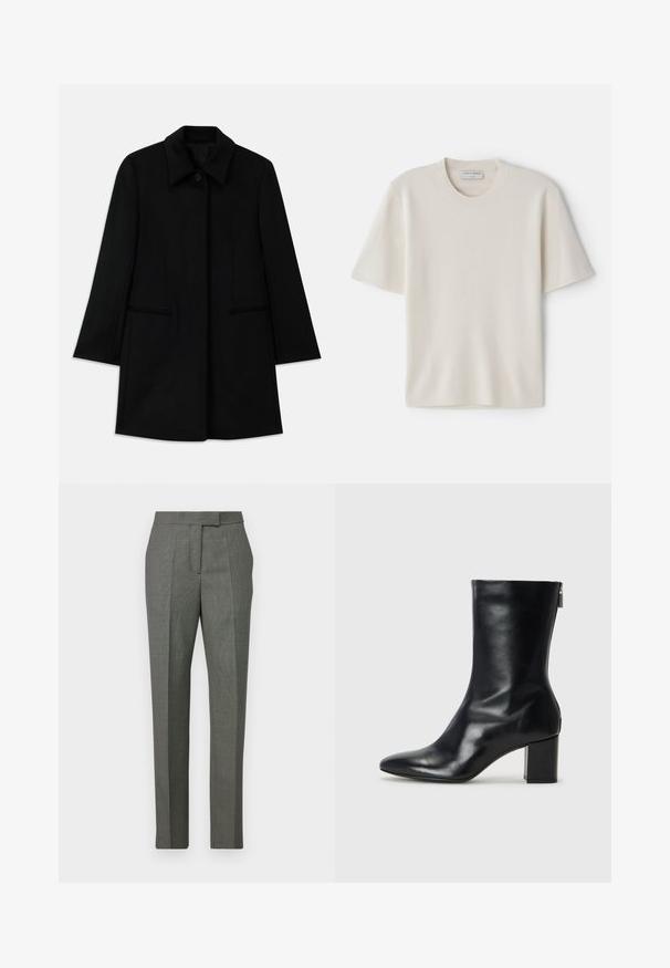 Juodas vilnonis paltas su priekiniais mygtukais, plačiomis apykaklėmis ir dviem šoniniais kišenėmis. Turi tiesų kirpimą ir sklandžią tekstūrą.; Kremos šviesiai geltonas trumpų rankoviu marškinėliai su apvaliu iškirpimu, pagaminti iš minkštos medžiagos, turintys tiesų siluetą ir minimalų dekorą.; Pilkos raštuotos kelnės su tiesiu kirpimu, pagamintos iš audinio, su plokščiu priekiu ir diržo kilpelėmis juosmens srityje.; Juodų odinių kulkšninių botų su smailiu nosiu ir 4 cm pločio bloku. Išskirtinis dizainas pasižymi šoniniu užtrauktuku, leidžiančiu lengvai apsiauti. Lygi tekstūra.