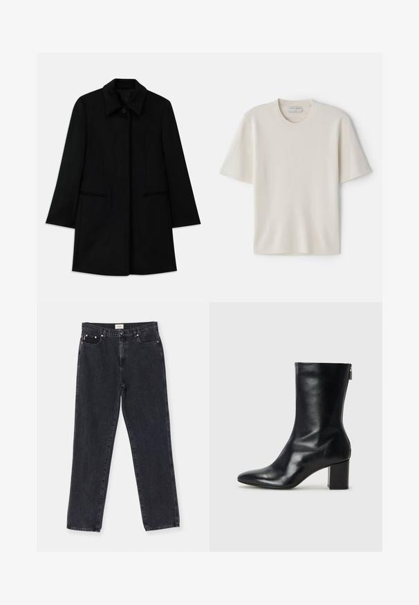 Sort uldfrakke med knaplukning fortil, bred krave og to sidelommer. Har en lige pasform og glat tekstur.; Cremefarvet T-shirt med korte ærmer og rund halsudskæring, lavet af blødt materiale, med lige snit og minimal detaljering.; Sorte denim jeans med lige ben, fem lommer og hardware i kobberfarve, der har en subtil falmet tekstur.; Sorte læder ankelstøvler med spids tå og 4 cm blokhæl. Det slanke design har en sidelukning for nem påtagning. Glat tekstur.