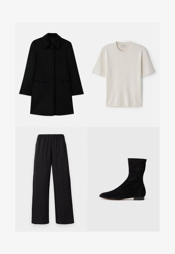 Black wool coat with a front button closure, wide collar, and two side pockets. Features a straight cut and smooth texture.; Cream short-sleeve t-shirt with a round neckline, made from soft material, featuring a straight cut and minimal detailing.; Black wide-leg pants with a soft, lightweight fabric, featuring an elastic waistband and stitched hemline, offering a relaxed fit.; Black suede ankle boot with a fitted shaft, pointed toe, and a low block heel. Smooth texture and minimalistic design, suitable for versatile styling.