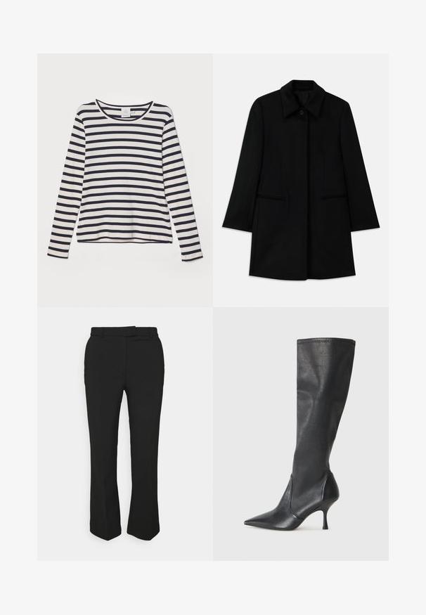 Mustat villakate, millel on esiküljel nööbid, lai krae ja kaks küljetaskut. Omab sirget lõiget ja sileda tekstuuri.; Kreemivärvi pikad varrukad särk, millel on tumehallid horisontaalsed triibud, ümmargune kaelus, ribakate tekstuur ja lõdvestunud lõige.; Mustad mustad püksid sirge säärega, millel on vööloop ja küljetaskud. Valmistatud siledast kangast, millel on puhas viimistlus.; Knee-high mustad nahksaapad terava nina ja kitsaste stiilsete kontsadega. Sile tekstuur sobiva disainiga ja õmblused ülemisel serval.