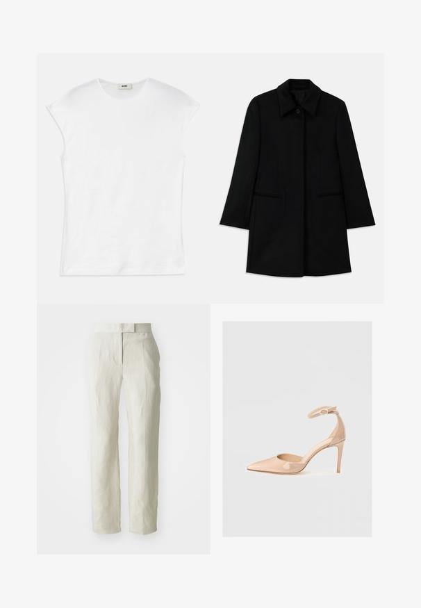 Melna vilnas mētelis ar priekšējo pogu aizdari, platu apkakli un divām sānu kabatām. Izceļas ar taisnu griezumu un gludu tekstūru.; Balta īsām piedurknēm T-kreklu, izgatavots no kokvilnas. Iespējama apaļa kakla izgriezuma forma un gluda, mīksta tekstūra ar brīvu piegriezumu. Nav modeļu vai akcentu.; Baltas lina bikses ar pielāgotu piegriezumu, ar plakanu priekšpusi un taisnām kājām. Gluda tekstūra ar nelielu krokainību.; Nude patentēta ādas kurpe ar noraksta siksnu un stiletto papēdi, ar gludu virsmu un minimālistisku dizainu.