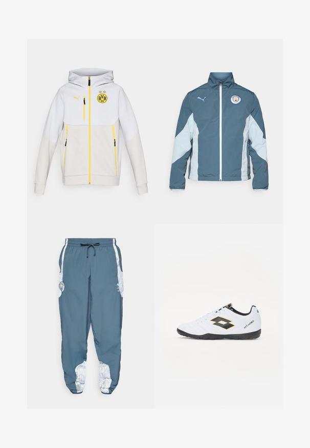 Vindjakke i mørk teal og lys blå, med lynlås fortil, høj krave og Manchester City-logo på brystet.; Hvid og lysegrå hættetrøje, med gule lynlåse, et logo på brystet og sorte detaljer på lommer og ærmer.; Hvid kortærmet træningsshirt med rund halsudskæring, der har åndbare mesh-detaljer i siderne og et sort Puma-logo på brystet.; Trackbukser i blåt stof med elastisk talje og snorlås. Sidedetaljerne har et hvidt mønster. Inkluderer et brandlogo patch.; Hvide sportsko med sorte og gule accenter, med en tekstureret overdel, rund tå og en sort gummisål. Designet inkluderer et logo-detalje på siden.