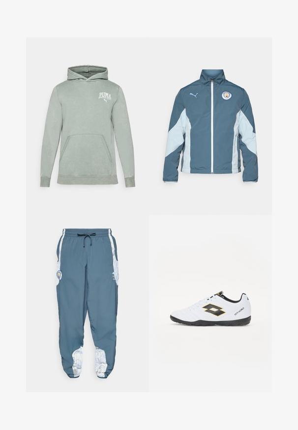 Tuulitakki tummansinisessä ja vaaleansinisessä, jossa on vetoketjukiinnitys, korkea kaulus ja Manchester Cityn logo rinnassa.; Vihreä huppari, joka on valmistettu pehmeästä kankaasta. Siinä on kengurun tasku, nyörikiinnitteinen huppu ja valkoinen PUMA-logo rinnassa.; Sinisiä track-housuja, joissa on elastinen vyötärö ja naru. Sivusaumoissa on valkoinen kuviointi. Mukana brändin logopatch.; Valkoiset urheilukengät mustilla ja keltaisilla yksityiskohdilla, joissa on teksturoitu päällinen, pyöreä kärki ja musta kumipohja. Suunnittelussa on logotieto sivulla.