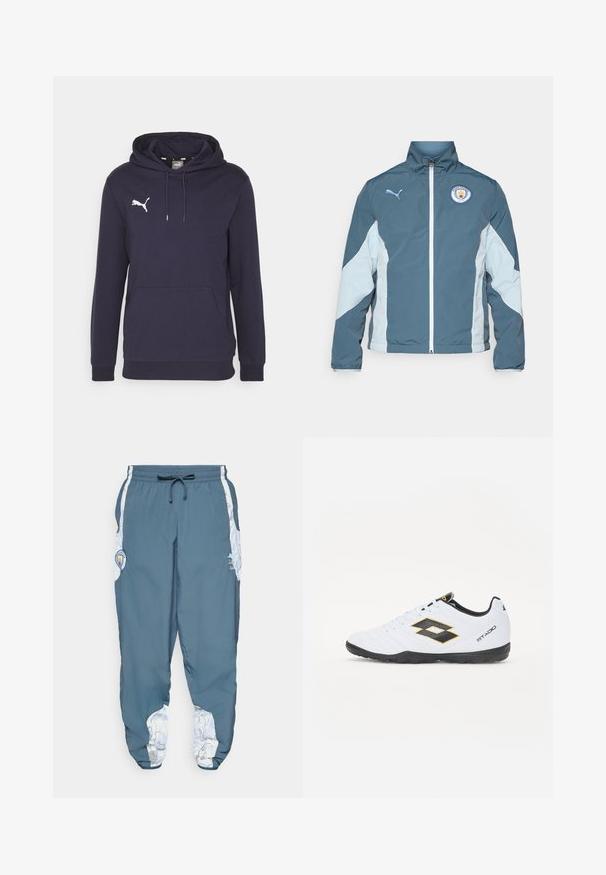 Vindjakke i mørk teal og lys blå, med glidelås foran, høy krage og Manchester City-logo på brystet.; Marineblå hettegenser med lange ermer, ribbestrikkede mansjetter og en frontlomme. Har en hvit Puma-logo på venstre bryst. Laget av en bomullsblanding.; Trackbukser i blå stof med elastisk talje og snøre. Sideaccenter har et hvidt mønster. Inkluderer et mærke-logo patch.; Hvite sportsko med svarte og gule detaljer, med en teksturert overflate, rund tå og en svart gummisåle. Designet inkluderer et logodetalj på siden.