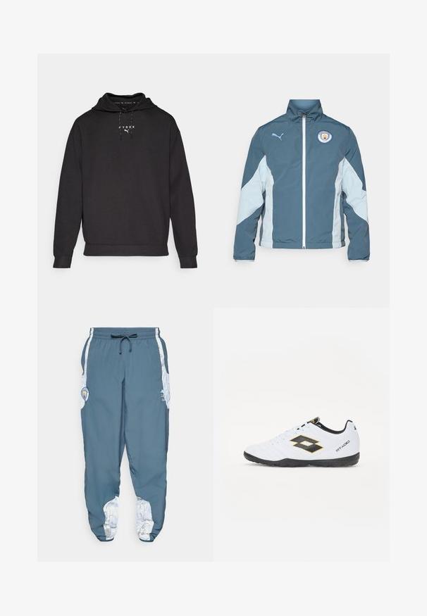 Chaqueta cortavientos en azul oscuro y azul claro, con cierre de cremallera en la parte delantera, cuello alto y el logo del Manchester City en el pecho.; Sudadera con capucha negra hecha de una tela suave, con un bolsillo tipo canguro en la parte frontal y texto de logo blanco en el pecho. Los puños son de canalé.; Pantalones deportivos de tela azul con cintura elástica y cordón. Los laterales presentan un patrón blanco. Incluye un parche con el logo de la marca.; Zapatillas deportivas blancas con acentos en negro y amarillo, que cuentan con un upper texturizado, punta redonda y suela de goma negra. El diseño incluye un detalle de logo en el lateral.