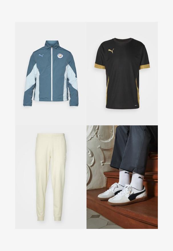 Vindjacka i mörk teal och ljusblå, med dragkedja fram, hög krage och Manchester City-logotyp på bröstet.; Svart tränings T-shirt med guld accenter på ärmar och sida. Har rund hals, korta ärmar och fukttransporternande DRYCELL tyg.; Krämfärgade sweatpants i mjukt material med elastisk midja och ärmslut. Har en liten logotyp på vänster höft.; Puma-sneakers i vit och svart mocka, med en brun gummisula. Kombinerade med vita strumpor som visar upp en svart logotyp, bärs tillsammans med mörka byxor.