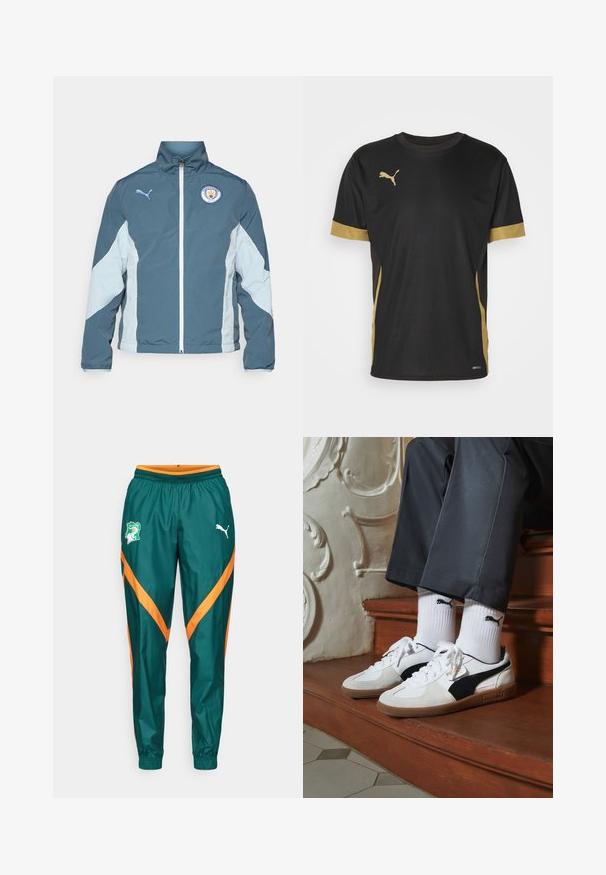 Vindjakke i mørk teal og lys blå, med lynlås fortil, høj krave og Manchester City-logo på brystet.; Sort sports T-shirt med gyldne detaljer på ærmerne og siden. Den har rund hals, korte ærmer og svedtransporterende DRYCELL-stof.; Grønne træningsbukser med orange chevron-striber, en elastisk kant i livet og et logo-patch på venstre lår. Lavet af glat stof.; Puma sneakers i hvid og sort ruskind med en brun gummisål. Bæres med hvide sokker med et sort logo og mørke bukser.