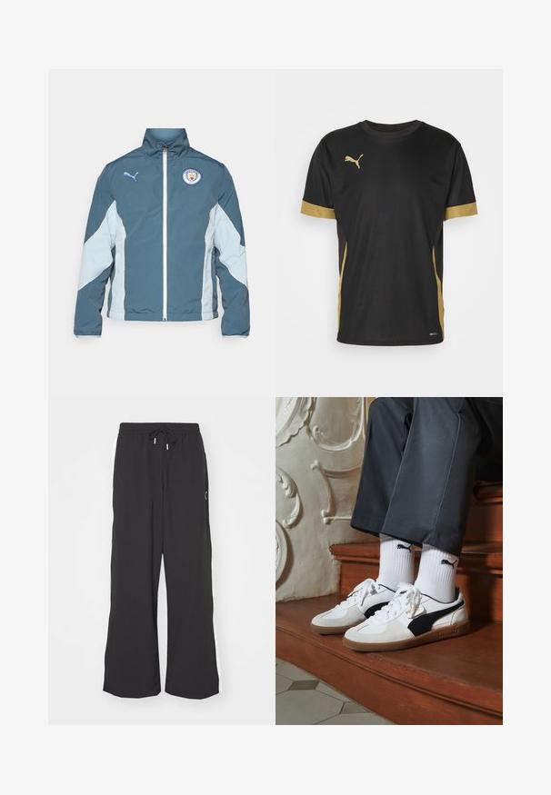 Windbreaker jas in donkerteal en lichtblauw, met een ritssluiting aan de voorkant, hoge kraag en het Manchester City logo op de borst.; Zwarte sport T-shirt met gouden accenten op de mouwen en zijkanten. Voorzien van een ronde hals, korte mouwen en vochtregulerende DRYCELL-stof.; Zwarte wijde sweatpants met een elastische tailleband en trekkoord. Voorzien van witte zijstrepen en twee zijzakken. Glad textuur.; Puma sneakers in wit en zwart suède, met een bruine rubberen zool. Gecombineerd met witte sokken met een zwart logo, gedragen met donkere broek.