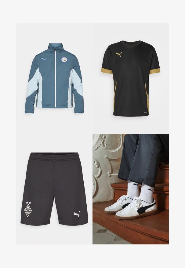 Chaqueta cortavientos en azul oscuro y azul claro, con cierre de cremallera en la parte delantera, cuello alto y el logo del Manchester City en el pecho.; Camiseta deportiva negra con acentos dorados en las mangas y los laterales. Presenta un cuello redondo, mangas cortas y tejido DRYCELL que absorbe la humedad.; Pantalones cortos deportivos negros con cintura elástica. Presenta un logo del club blanco con dos estrellas y un pequeño logo de Puma blanco en el dobladillo.; Zapatillas Puma en gamuza blanca y negra, con una suela de goma marrón. Combinadas con calcetines blancos que muestran un logo negro, llevados con pantalones oscuros.