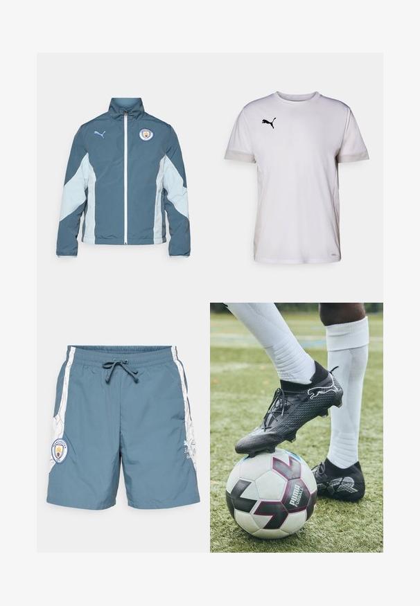 Vindjakke i mørk teal og lys blå, med lynlås fortil, høj krave og Manchester City-logo på brystet.; Hvid kortærmet træningsshirt med rund halsudskæring, der har åndbare mesh-detaljer i siderne og et sort Puma-logo på brystet.; Herresvømmeshorts i teal med elastisk talje og snøre, hvide sideindlæg og et Manchester City-logo på lommen.; Sort fodboldstøvle med tekstureret design og hvide accenter, placeret på en mønstret sort og hvid fodbold, på grønt græs.