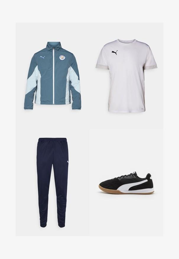 Sötét teal és világoskék szélálló dzseki, amely zipzárral, magas gallérral és a Manchester City logójával rendelkezik a mellkason.; Fehér, rövid ujjas sportpóló kerek nyakkivágással, légáteresztő hálós részletekkel az oldalán és fekete Puma logóval a mellkasán.; Tengerészek sportnadrágja könnyű anyagból, elasztikus derékkal és szűkített lábszárral. Kicsi fehér logó a szélén.; Fekete sportcipők steppelt mintával, fehér oldalsávval és gumitalppal. Hálós felsőrész és kerek orrforma jellemzi.