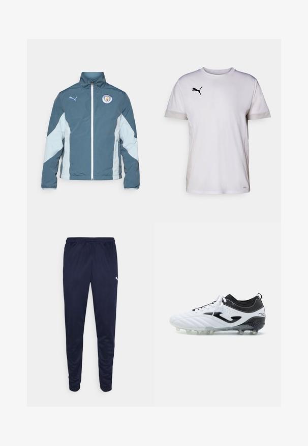 Windbreaker jacket in dark teal and light blue, featuring a zip front, high collar, and Manchester City logo on the chest.; White short-sleeve athletic shirt with a round neckline, featuring breathable mesh accents on the sides and a black Puma logo on the chest.; Navy athletic pants made from lightweight material, featuring an elastic waistband and tapered legs. Small white logo detail on the side.; Football boot in white and black leather, textured design, lace-up front, synthetic sole with cleats, and subtle branding on the side.