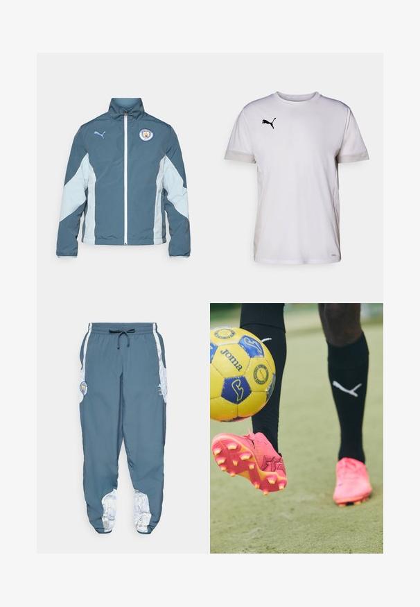 Windbreaker-Jacke in Dunkelblau und Hellblau, mit durchgehendem Reißverschluss, hohem Kragen und dem Manchester City-Logo auf der Brust.; Weißes kurzärmeliges Sportshirt mit Rundhalsausschnitt, ausgestattet mit atmungsaktiven Netzdetails an den Seiten und einem schwarzen Puma-Logo auf der Brust.; Hosen aus blauem Stoff mit elastischem Bund und Kordelzug. Seitliche Akzente zeigen ein weißes Muster. Enthält ein Markenlogo-Patch.; Rosa Fußballschuh mit strukturierter Oberfläche und hervorgehobenen Stollen, erhabenes Logodesign, über einem gelben Ball auf grünem Rasen positioniert.