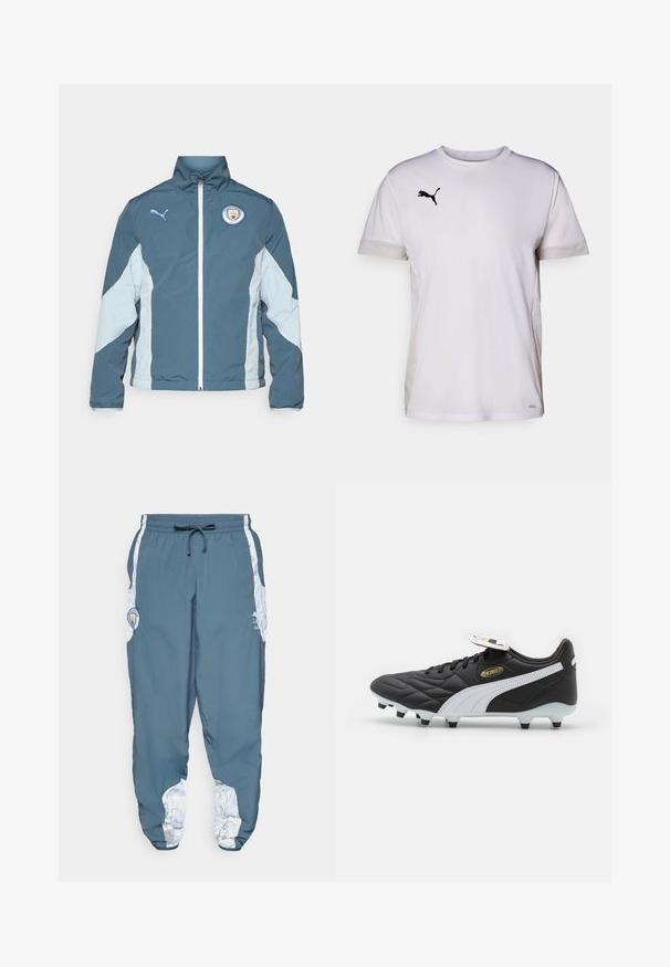 Tuulitakki tummansinisessä ja vaaleansinisessä, jossa on vetoketjukiinnitys, korkea kaulus ja Manchester Cityn logo rinnassa.; Valkoinen lyhythihainen urh-Shirt, jossa on pyöreä pääntie, ja sivuilla hengittäviä verkkomateriaaleja sekä musta Puma-logo rinnassa.; Sinisiä track-housuja, joissa on elastinen vyötärö ja naru. Sivusaumoissa on valkoinen kuviointi. Mukana brändin logopatch.; Musta jalkapallokengät, joissa on tikattu synteettinen päällinen, valkoinen tehosteviiva, kultainen logo ja kuvioitu pohja. Varustettu muotoillulla nastapohjalla pitoon.