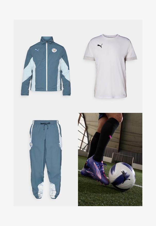 Bunda s větrovkou v tmavě modré a světle modré barvě, vybavená zipovým uzávěrem, vysokým límcem a logem Manchester City na hrudi.; Bílé atletické tričko s krátkým rukávem a kulatým výstřihem, disponující prodyšnými síťovanými detaily po stranách a černým logem Puma na hrudi.; Modré teplákové kalhoty z látky s elastickým pasem a šňůrkou na stažení. Boční detaily mají bílý vzor. Obsahují nášivku s logem značky.; Fialové a růžové fotbalové kopačky s elegantním designem a texturovaným svrškem, umístěné vedle černo-bílé fotbalové míče na zeleném trávníku.