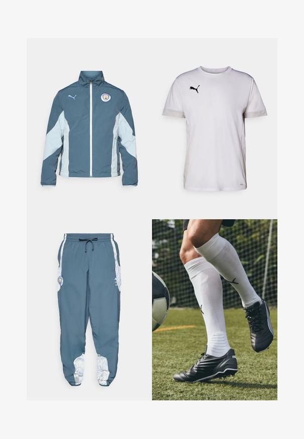Giacca a vento in verde scuro e azzurro chiaro, con zip frontale, colletto alto e logo del Manchester City sul petto.; Maglietta sportiva bianca a maniche corte con collo rotondo, dotata di inserti in mesh traspirante ai lati e un logo Puma nero sul petto.; Pantaloni da tuta in tessuto blu con vita elastica e coulisse. Gli accenti laterali presentano un motivo bianco. Include un'etichetta con il logo del marchio.; Scarpe da calcio nere in pelle testurizzata, con tacchetti bianchi e lacci; abbinate a calzettoni bianchi fino al ginocchio con accenti neri.