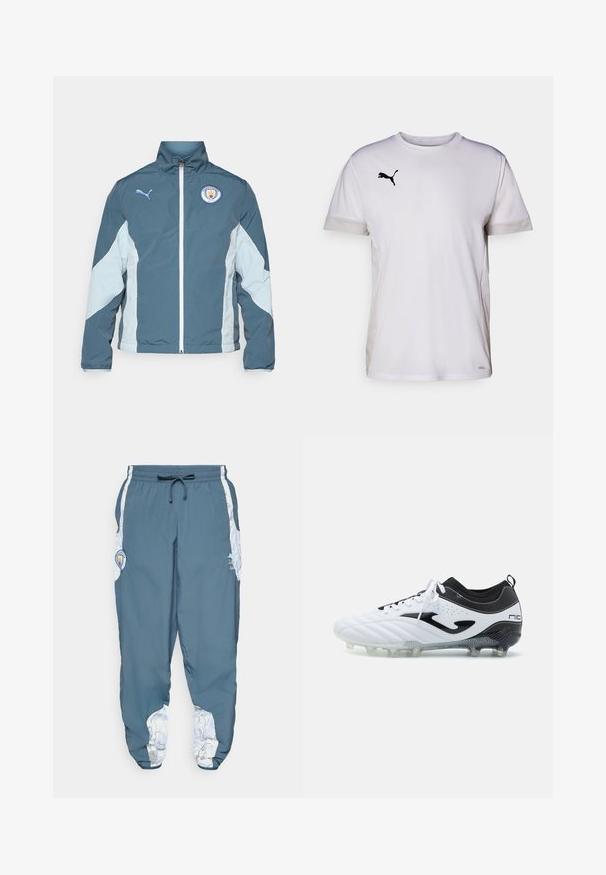 Windbreaker jacket in dark teal and light blue, featuring a zip front, high collar, and Manchester City logo on the chest.; White short-sleeve athletic shirt with a round neckline, featuring breathable mesh accents on the sides and a black Puma logo on the chest.; Track pants in blue fabric with elastic waistband and drawstring. Side accents feature a white pattern. Includes a brand logo patch.; Football boot in white and black leather, textured design, lace-up front, synthetic sole with cleats, and subtle branding on the side.