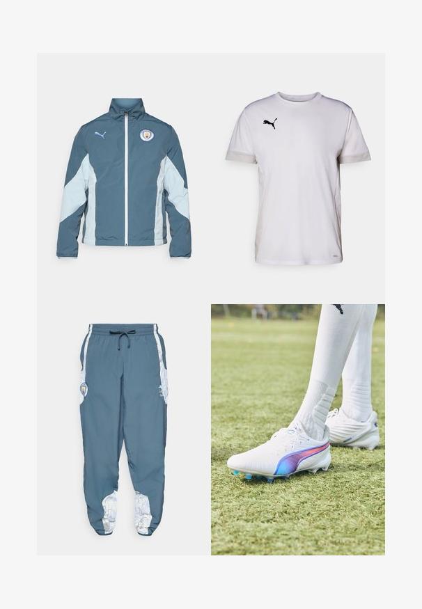 Kurtka typu windbreaker w ciemnym odcieniu teal i jasnym niebieskim, posiadająca zamek z przodu, wysoki kołnierz oraz logo Manchester City na piersi.; Biała koszulka sportowa z krótkim rękawem i okrągłym dekoltem, z oddychającymi wstawkami z siateczki po bokach oraz czarnym logo Pumy na piersi.; Spodnie dresowe z niebieskiego materiału z elastycznym paskiem w talii i sznurkiem do regulacji. Po bokach znajdują się akcenty w białym wzorze. Zawierają naszywkę z logo marki.; Białe korki piłkarskie z gradientowym paskiem w kolorze fioletowo-niebieskim, charakteryzujące się smukłym designem, teksturowaną cholewką i kontrastującymi niebieskimi kołkami na trawie.
